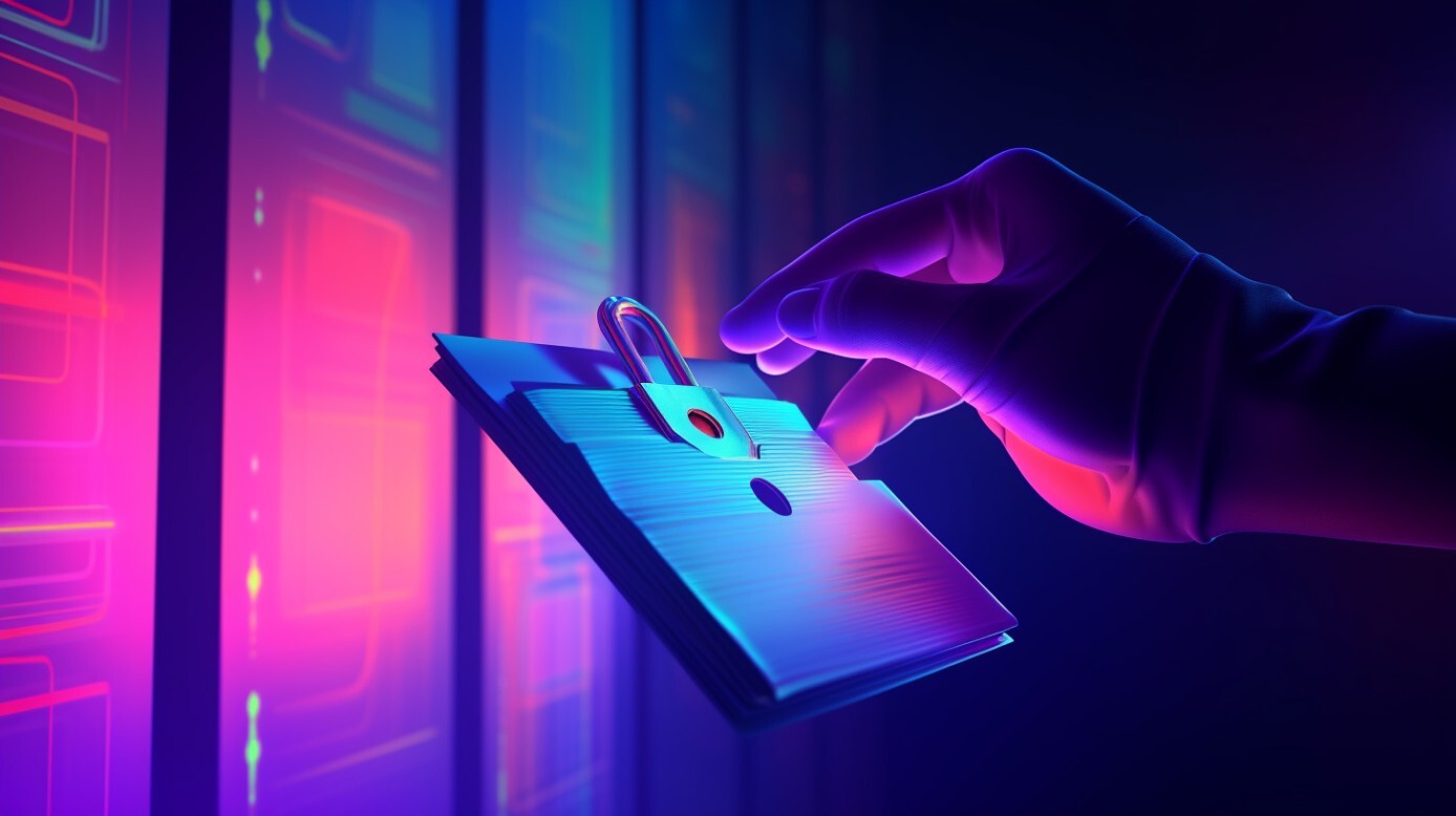 Abstrakte Darstellung eines geschützten Datei-Ordners mit Schloss und Hand im Vordergrund, im Hintergrund die Zahl 10 und ein stilisiertes Firmengebäude – in Blau- und Violetttönen.