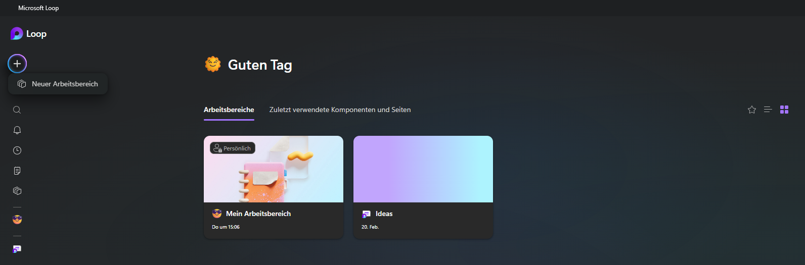 Microsoft Loop Menü mit hervorgehobener Option „Neuer Arbeitsbereich“.