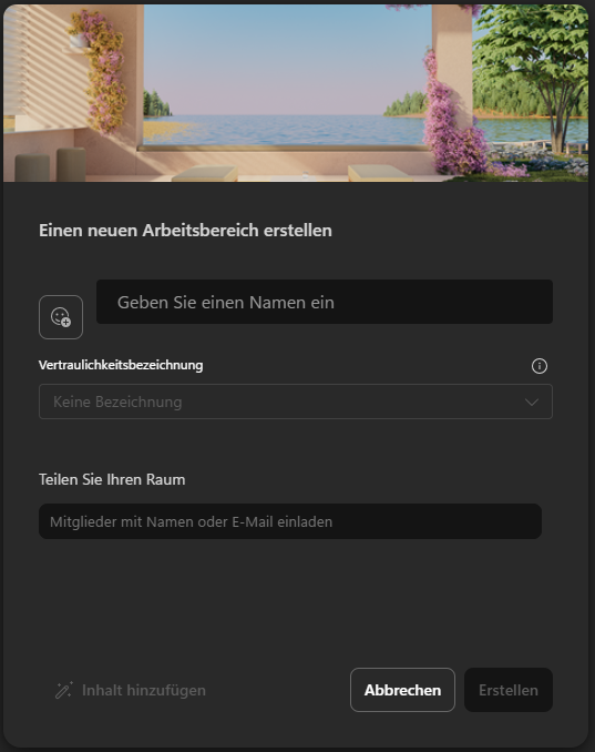 Microsoft Loop Fenster zum Erstellen eines neuen Arbeitsbereichs mit Name- und Freigabeoptionen.
