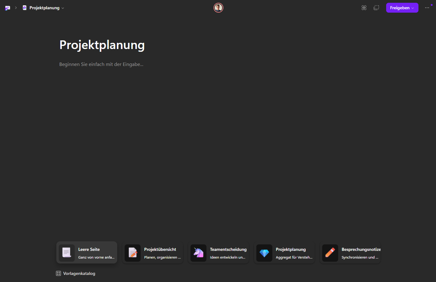 Vorlagenkatalog in Microsoft Loop mit Beispielen wie Projektplanung und Teamentscheidung.