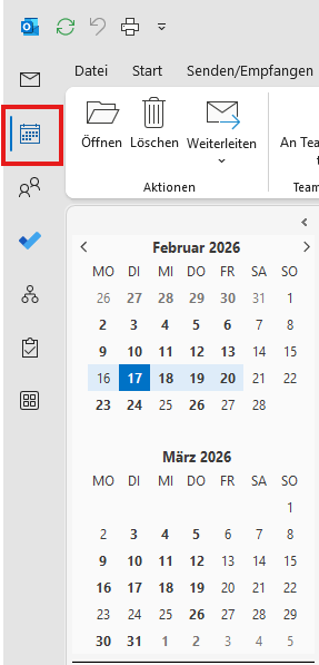 Outlook Kalenderansicht mit markierter Kalender-Schaltfläche in der linken Navigation