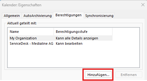 Dialogfenster „Kalender: Eigenschaften“ mit Button „Hinzufügen“ zur Auswahl von Kollegen
