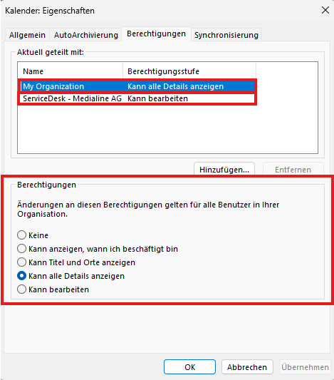 Outlook Berechtigungsfenster mit ausgewĂ€hlter Option âKann alle Details anzeigenâ