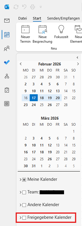 Outlook Kalenderbereich mit markiertem Abschnitt „Freigegebene Kalender“