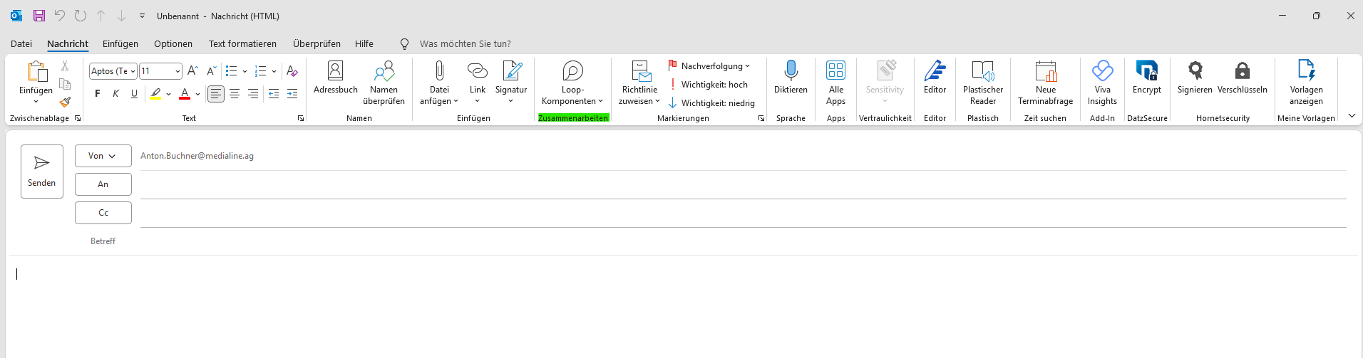 Outlook E-Mail-Editor mit Schaltfläche „Loop-Komponenten“ im oberen Menüband.