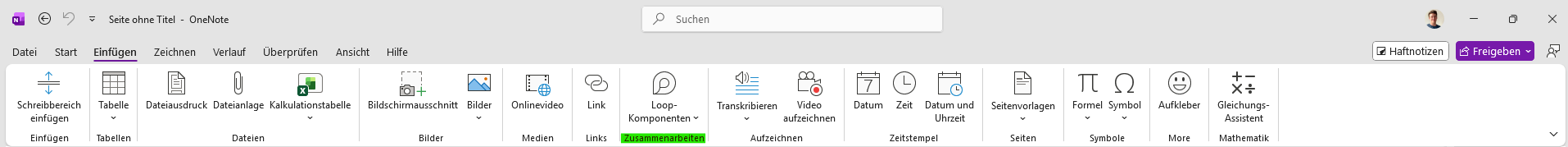 OneNote Menüband mit Option zum Einfügen von Loop-Komponenten.
